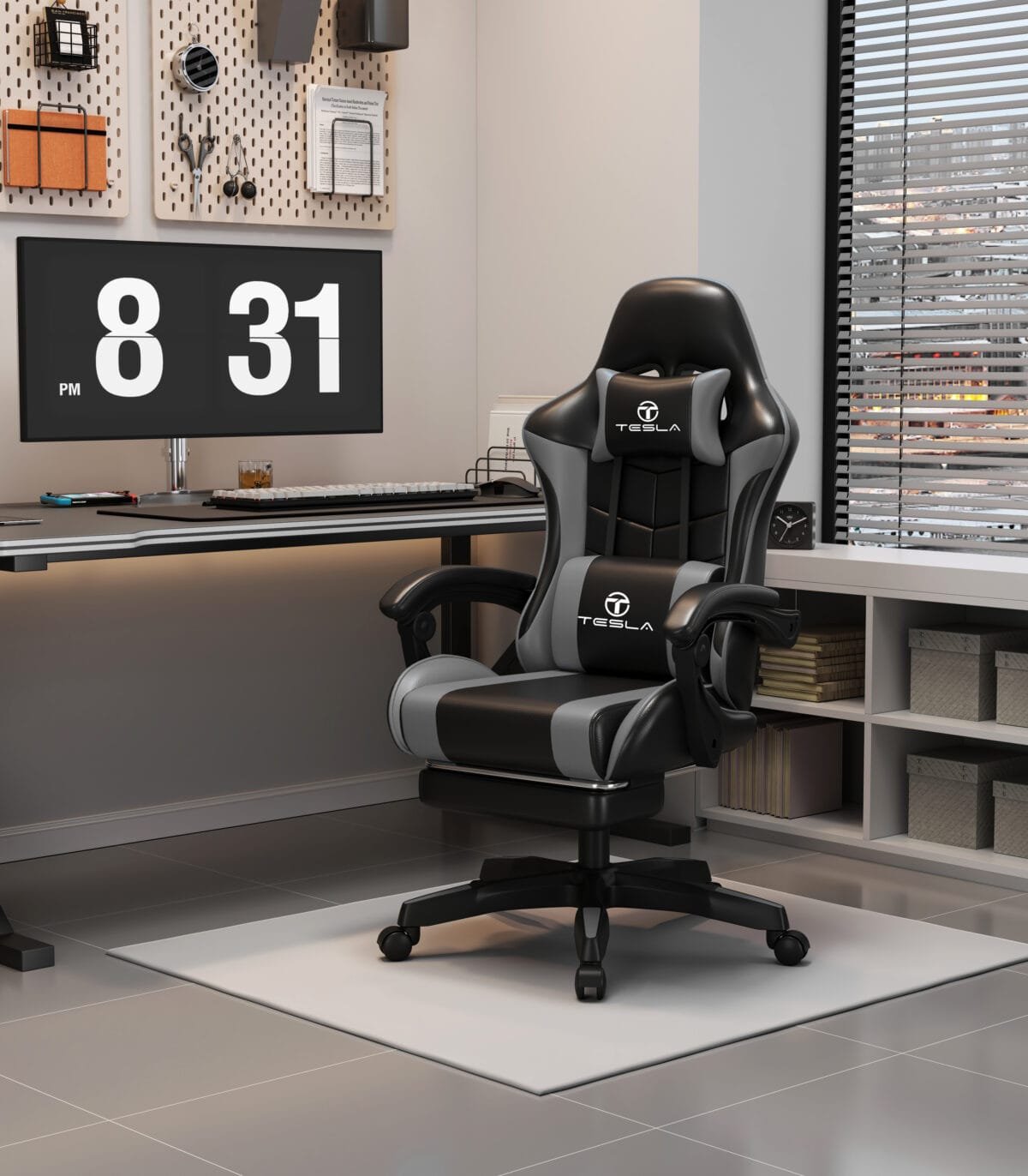⁦כיסא גיימינג כולל כרית עיסוי והדום נפתח לרגליים Tesla דגם 7008 בצבע אפור⁩ – תמונה ⁦6⁩