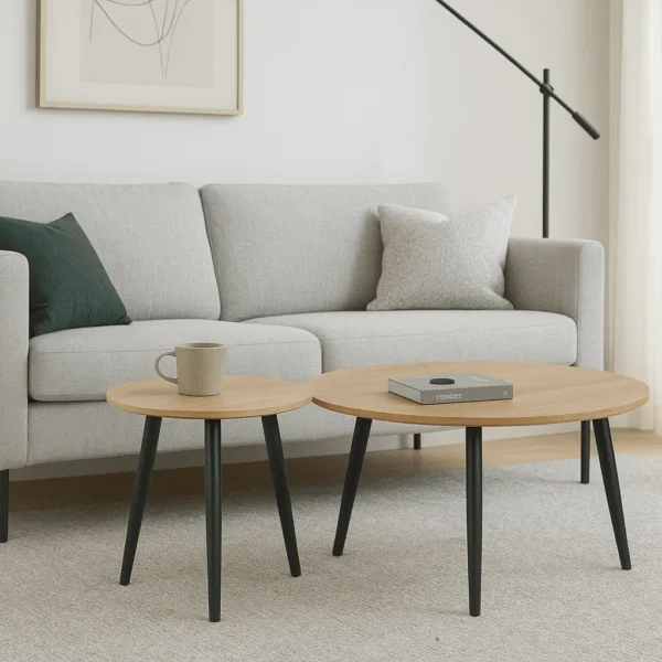 זוג שולחנות סלון עגולים בצבע אלון דגם 5007