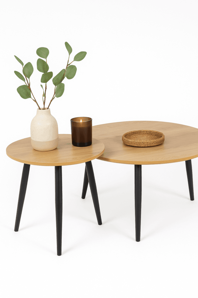 סט 2 שולחנות קפה בגוון אלון טבעי, משטח MDF בגימור מלמין ורגלי מתכת שחורות. דגם 5007 מבית Step Up – עיצוב נקי, קליל ומודרני. הרכבה קלה, משתלב בכל סלון.