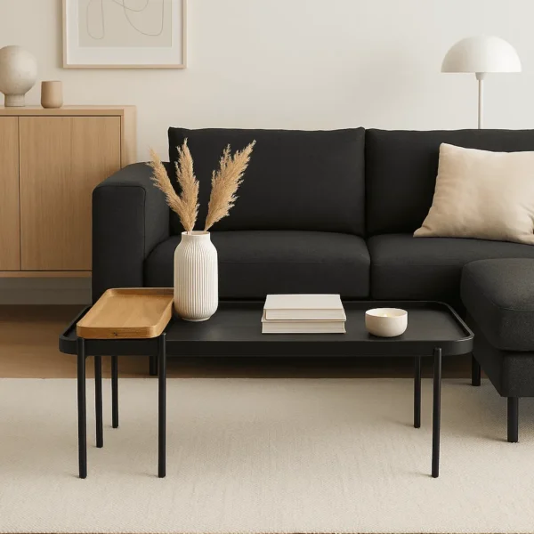 זוג שולחנות קפה יוקרתיים לסלון בצבע שחור ואלון דגם 5010