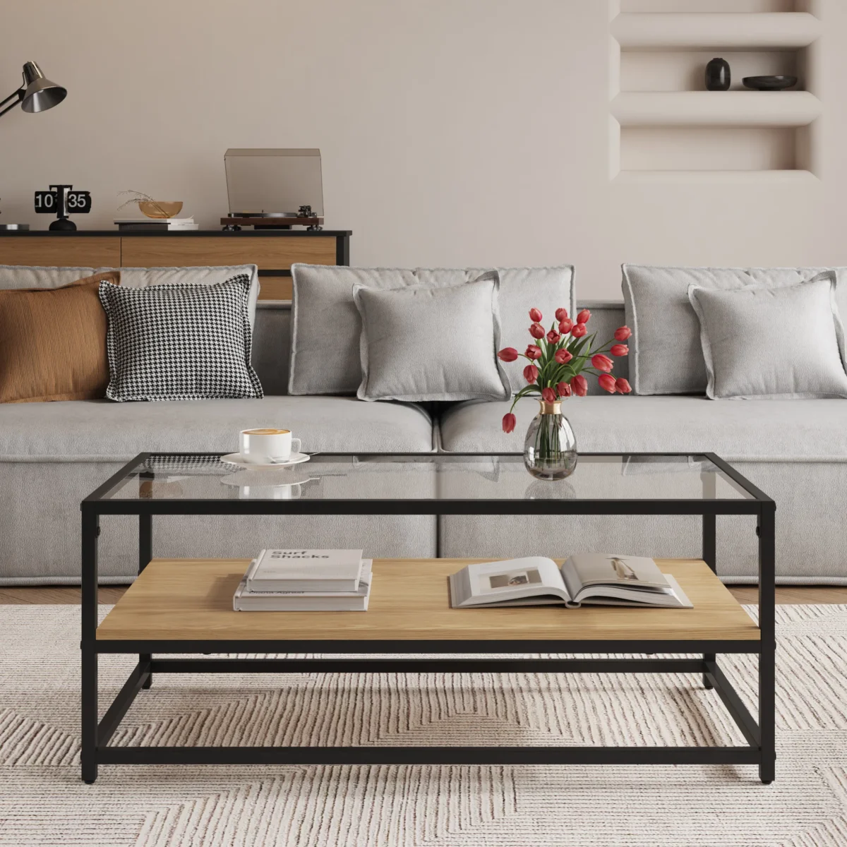 ⁦שולחן קפה לסלון דגם 5005 בצבע עץ שילוב זכוכית⁩ – תמונה ⁦2⁩