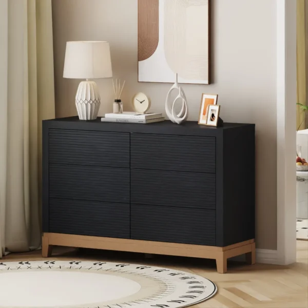 שידת אחסון 6 מגירות דגם 5047 בצבע שחור שילוב רגלים בצבץ עץ אלון