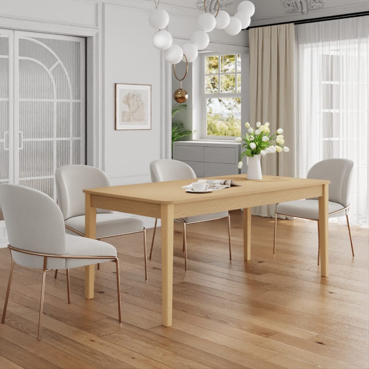 שולחן אוכל מלבני דגם 808 בגימור עץ אלון – פלטת MDF בציפוי מלמין, רגלי עץ אמיתי ליציבות ונראות טבעית. מושלם ל־6–8 סועדים, עמיד ונוח לשימוש יומיומי.