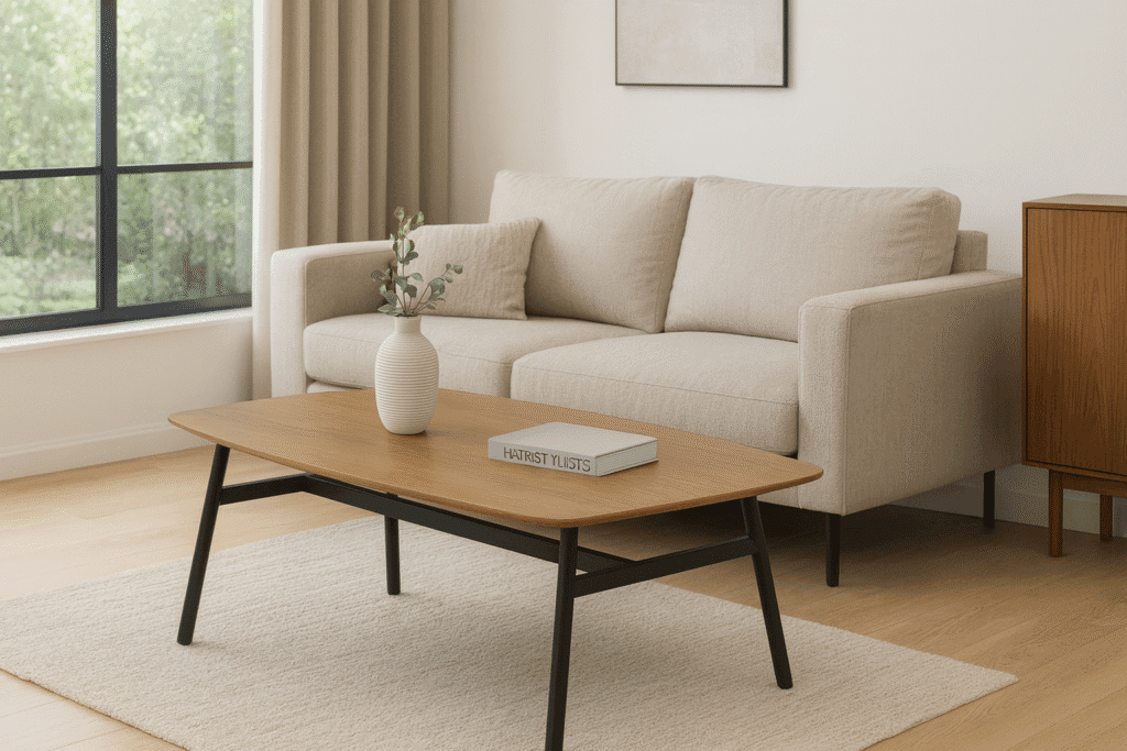 שולחן קפה מלבני לסלון בצבע עץ אלון טבעי. עיצוב מודרני, רגלי מתכת יציבות, משטח MDF עמיד בציפוי מלמין. קל להרכבה ולתחזוקה – דגם 5014 Step Up.