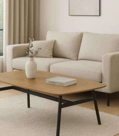 שולחן קפה מלבני לסלון בצבע עץ אלון טבעי. עיצוב מודרני, רגלי מתכת יציבות, משטח MDF עמיד בציפוי מלמין. קל להרכבה ולתחזוקה – דגם 5014 Step Up.