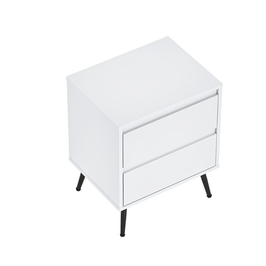 שידת לילה לבנה דגם 3071 מבית Step Up – עשויה MDF איכותי, שתי מגירות ורגלי מתכת יציבות. שילוב של איכות, נוחות ועיצוב מודרני לחדר השינה.