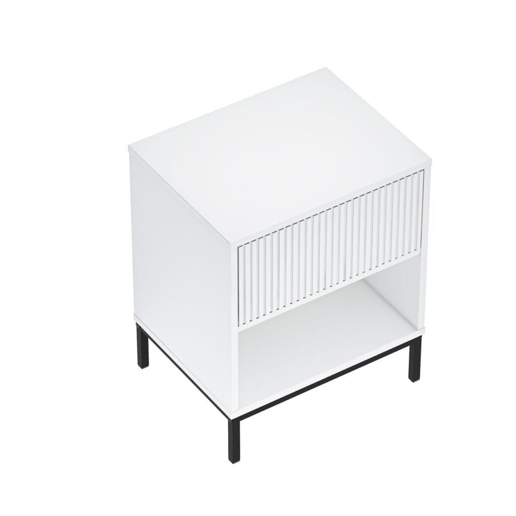 שידת לילה לבנה דגם 3073 מבית Step Up – עשויה MDF איכותי, רגלי מתכת יציבות, מגירה בלחיצה ומדף תחתון. שילוב מושלם של עיצוב ונוחות לחדר השינה.