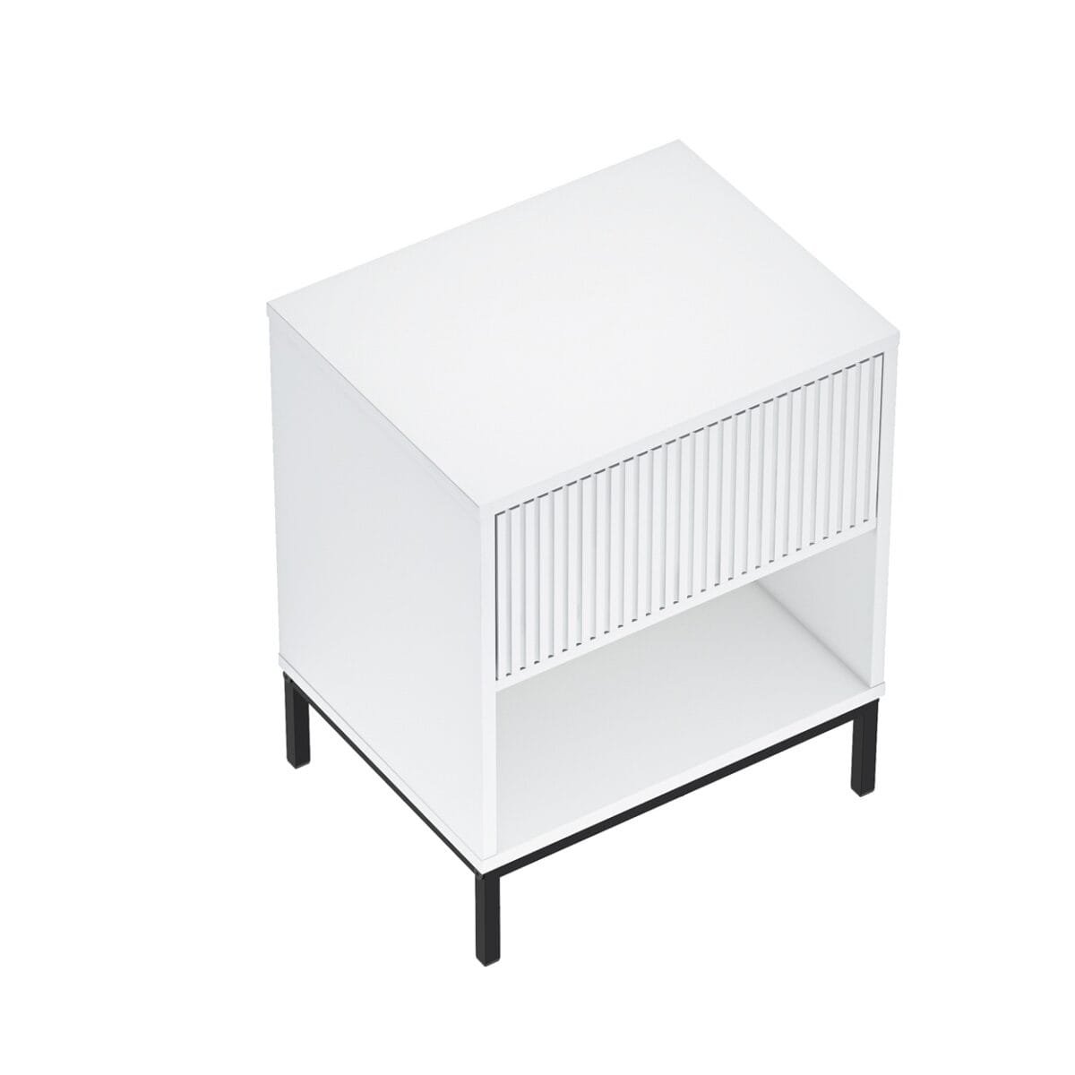 שידת לילה לבנה דגם 3073 מבית Step Up – עשויה MDF איכותי, רגלי מתכת יציבות, מגירה בלחיצה ומדף תחתון. שילוב מושלם של עיצוב ונוחות לחדר השינה.