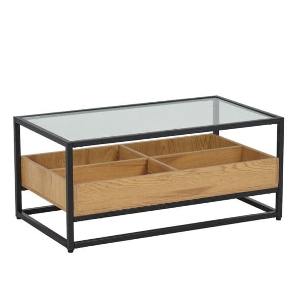 שולחן קפה מלבני לסלון בשילוב זכוכית דגם 5018 בצבע עץ אלון