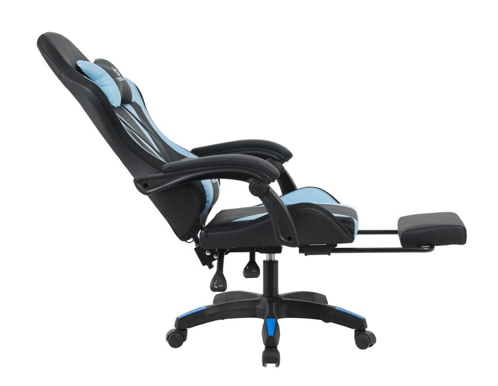 כיסא גיימינג כולל תאורת LED וכרית עיסוי חשמלית והדום נפתח לרגליים Tesla דגם 7031 בצבע כחול.