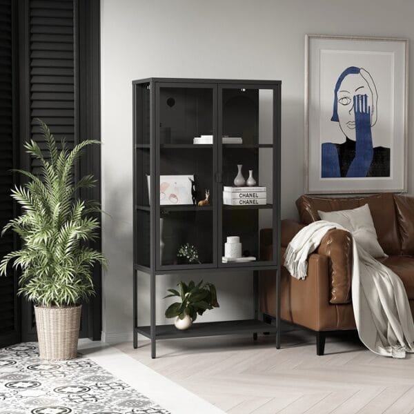 יחידת מדפים ממתכת בשילוב דלתות זכוכית דגם 211 בצבע שחור