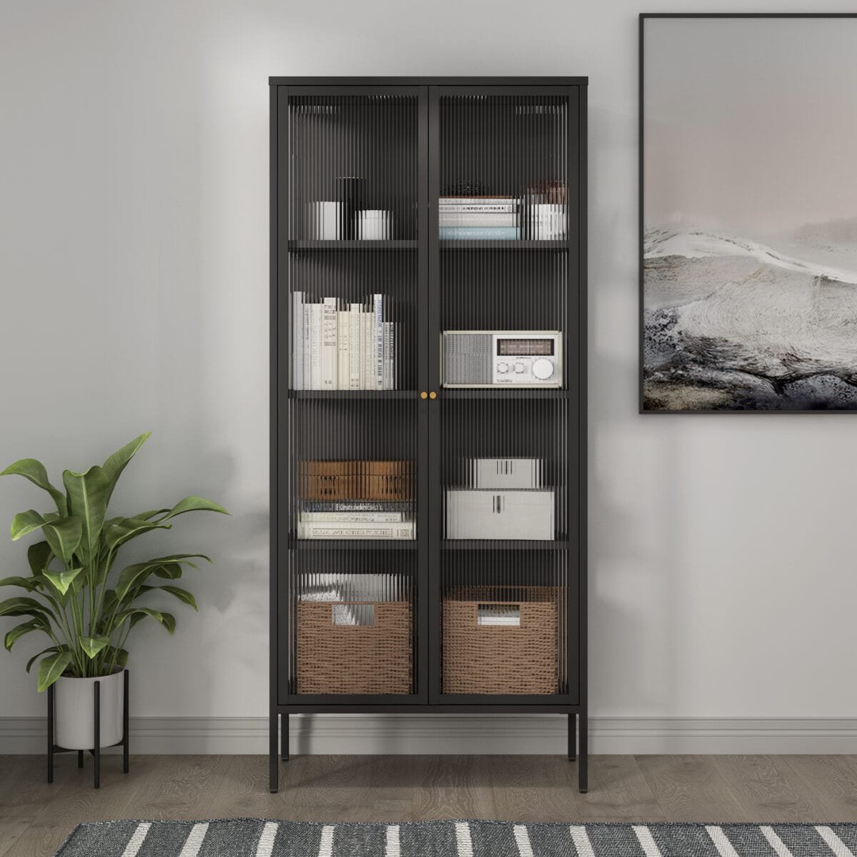 ⁦יחידת מדפים ממתכת בשילוב דלתות זכוכית דגם 205 בצבע שחור⁩ – תמונה ⁦2⁩