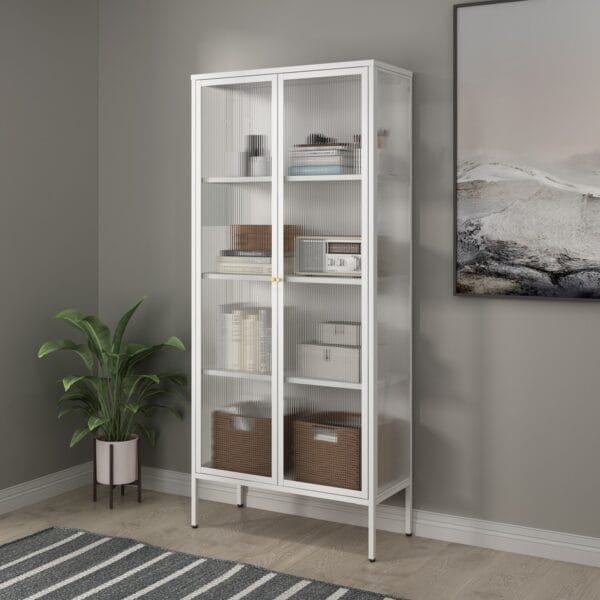 יחידת מדפים ממתכת בשילוב דלתות זכוכית דגם 205 בצבע לבן