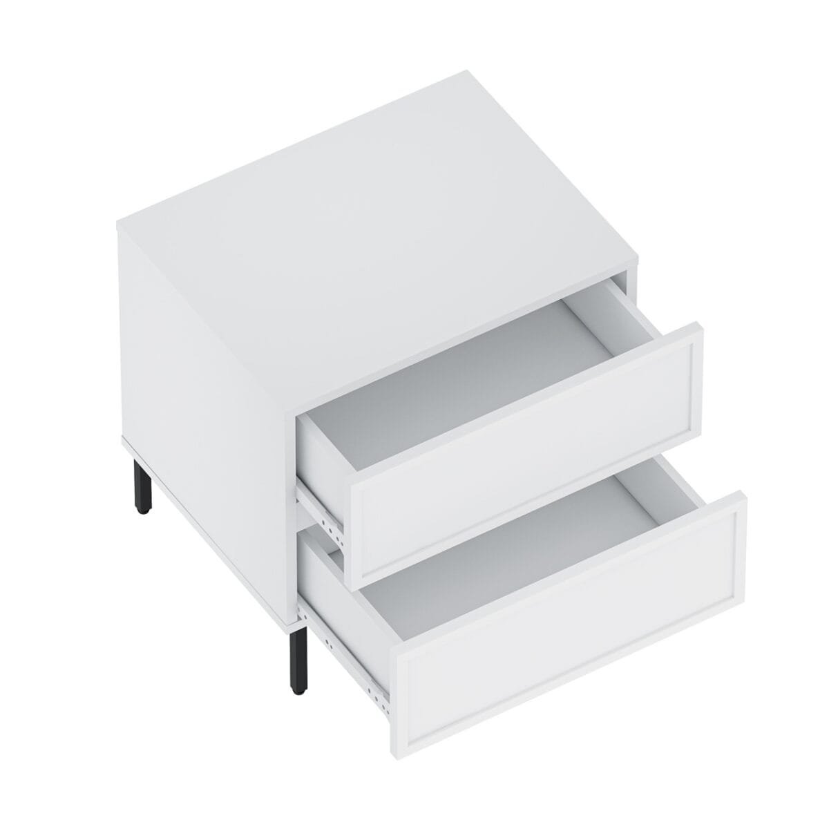 שידת לילה לבנה דגם 3288 מבית Step Up – עיצוב אלגנטי עם שתי מגירות ורגלי מתכת בצביעה בתנור. עשויה MDF איכותי בציפוי PVC עמיד וקל לניקוי.