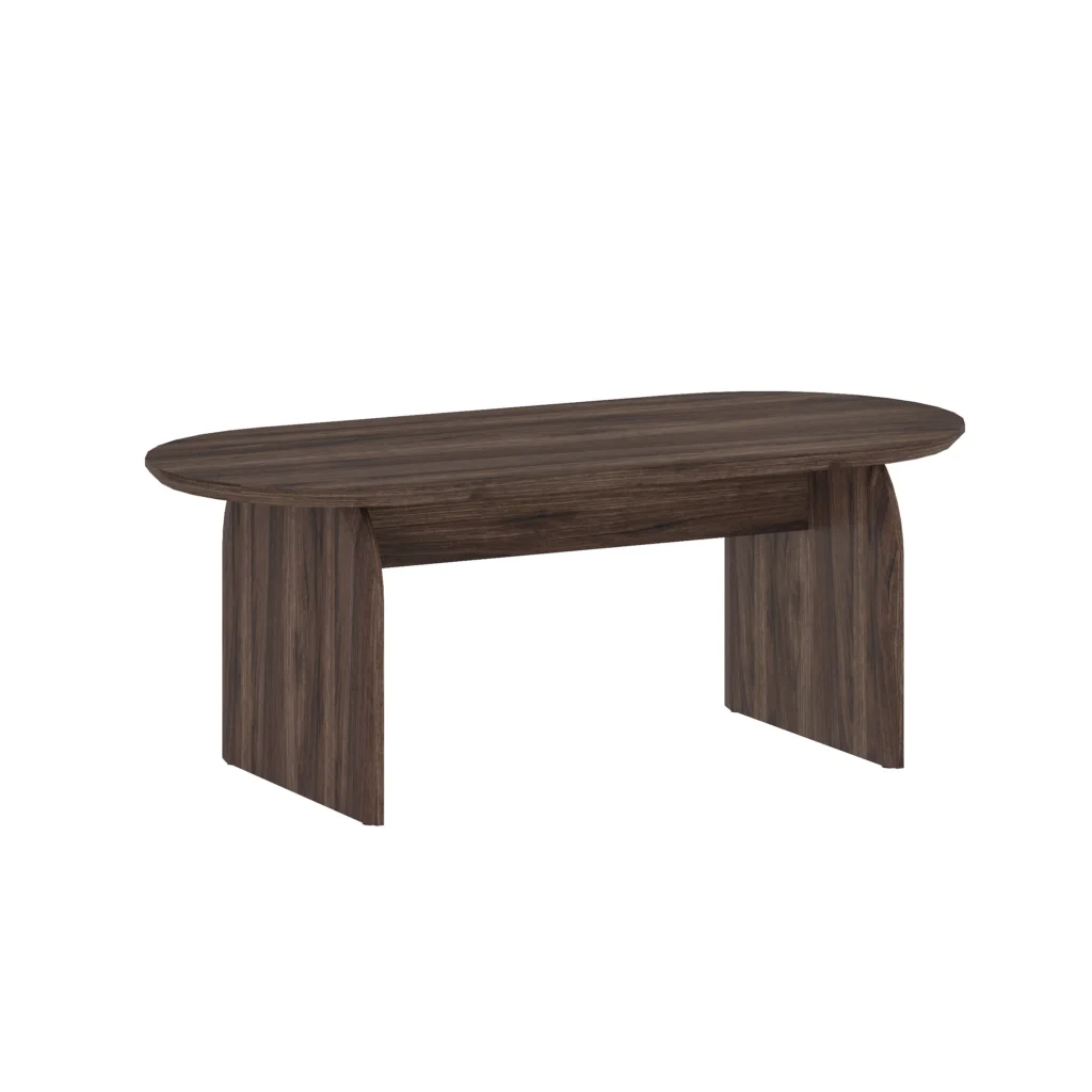 שולחן סלון אובלי דגם 4025 בגימור אגוז, עשוי MDF איכותי, יציב במיוחד, הרכבה קלה ומהירה, עיצוב מודרני ומחיר משתלם.