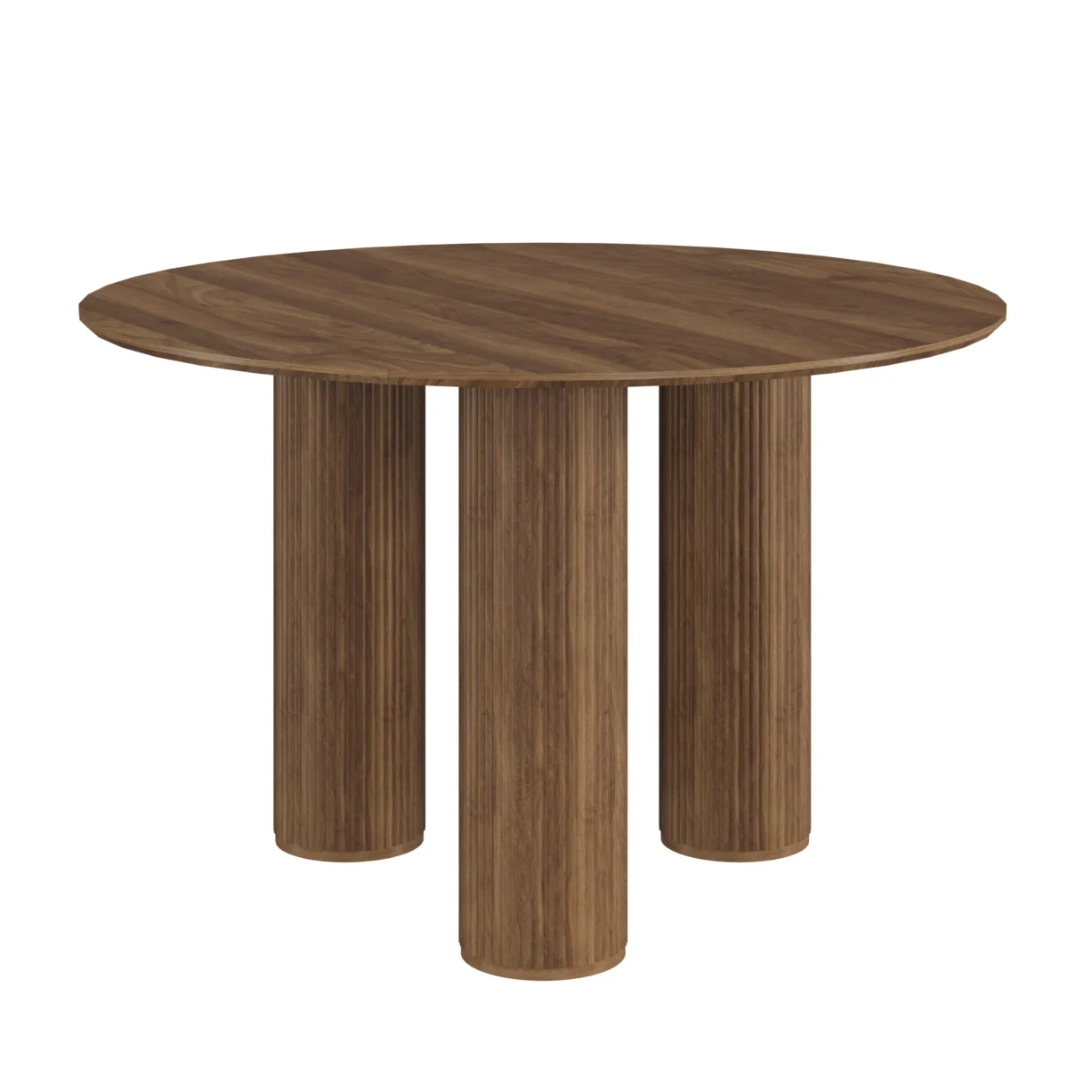 שולחן אוכל עגול דגם 810 בצבע אגוז עשיר. שולחן פינת אוכל מעוצב עם רגליים חזקות וטקסטורת עץ ריאליסטית בחלל ביתי מודרני.