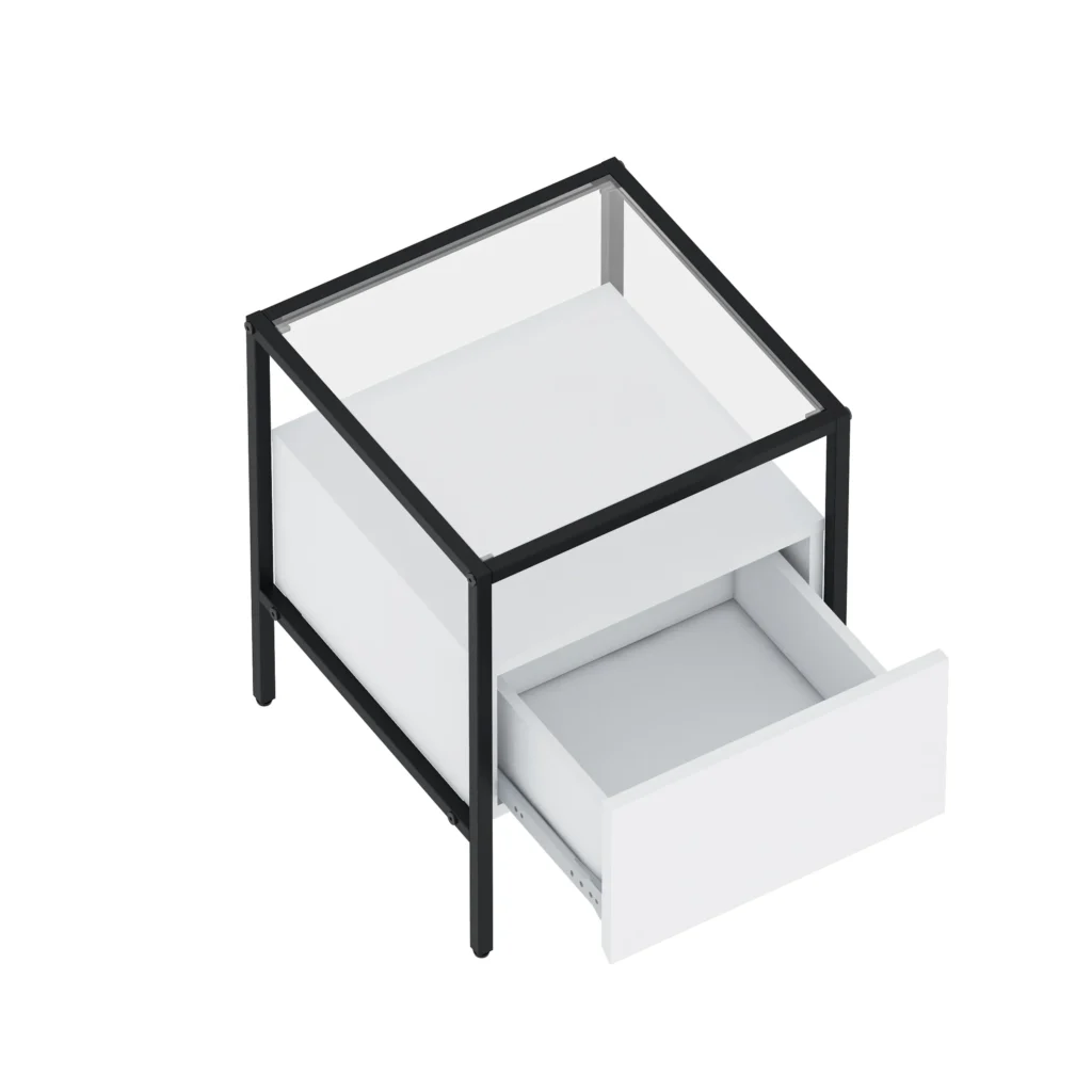 שידת לילה לבנה ומעוצבת דגם 3284 מבית Step Up, בשילוב משטח זכוכית עליון ורגלי במה ממתכת. מוצבת לצד מיטה בעיצוב מודרני ונקי.