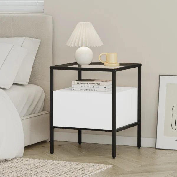 שידת לילה מעוצבת לצד המיטה בצבע לבן בשילוב זכוכית דגם 3284