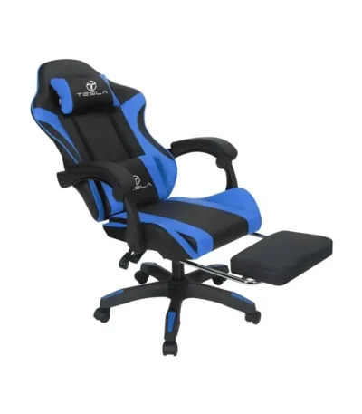 כיסא גיימינג Tesla דגם 7008 בגוון כחול-שחור, מוטה לאחור עם הדום הרגליים פתוח - מבט זווית