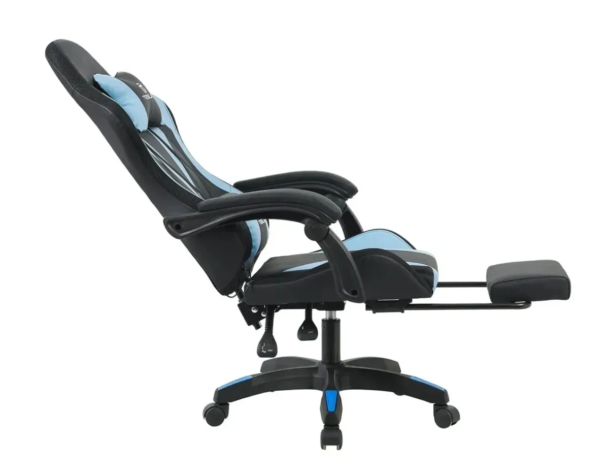 כיסא גיימינג Tesla דגם 7031 בצבע תכלת ושחור - מבט צד במצב הטיה מלאה עם הדום רגליים
