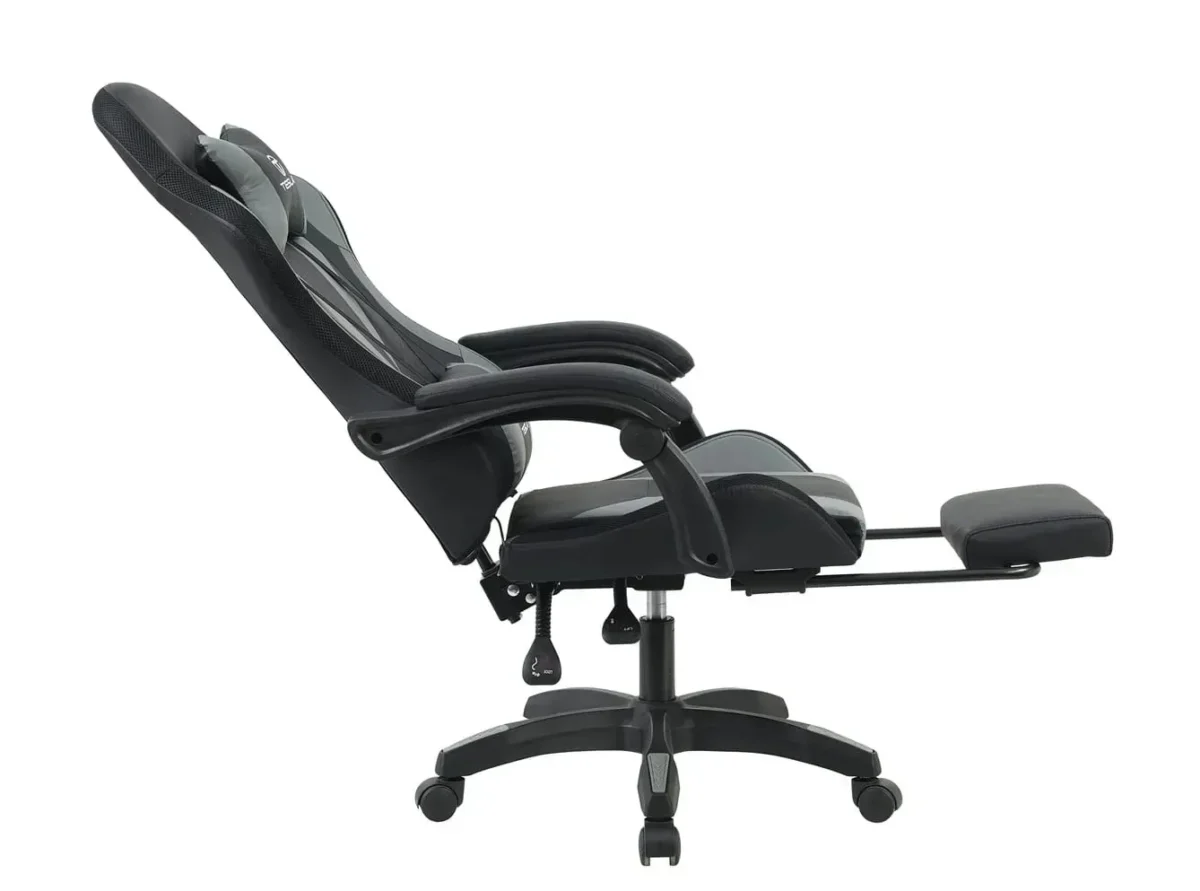כיסא גיימינג Tesla דגם 7031 בצבע אפור ושחור - מבט צד במצב הטיה מלאה עם הדום רגליים