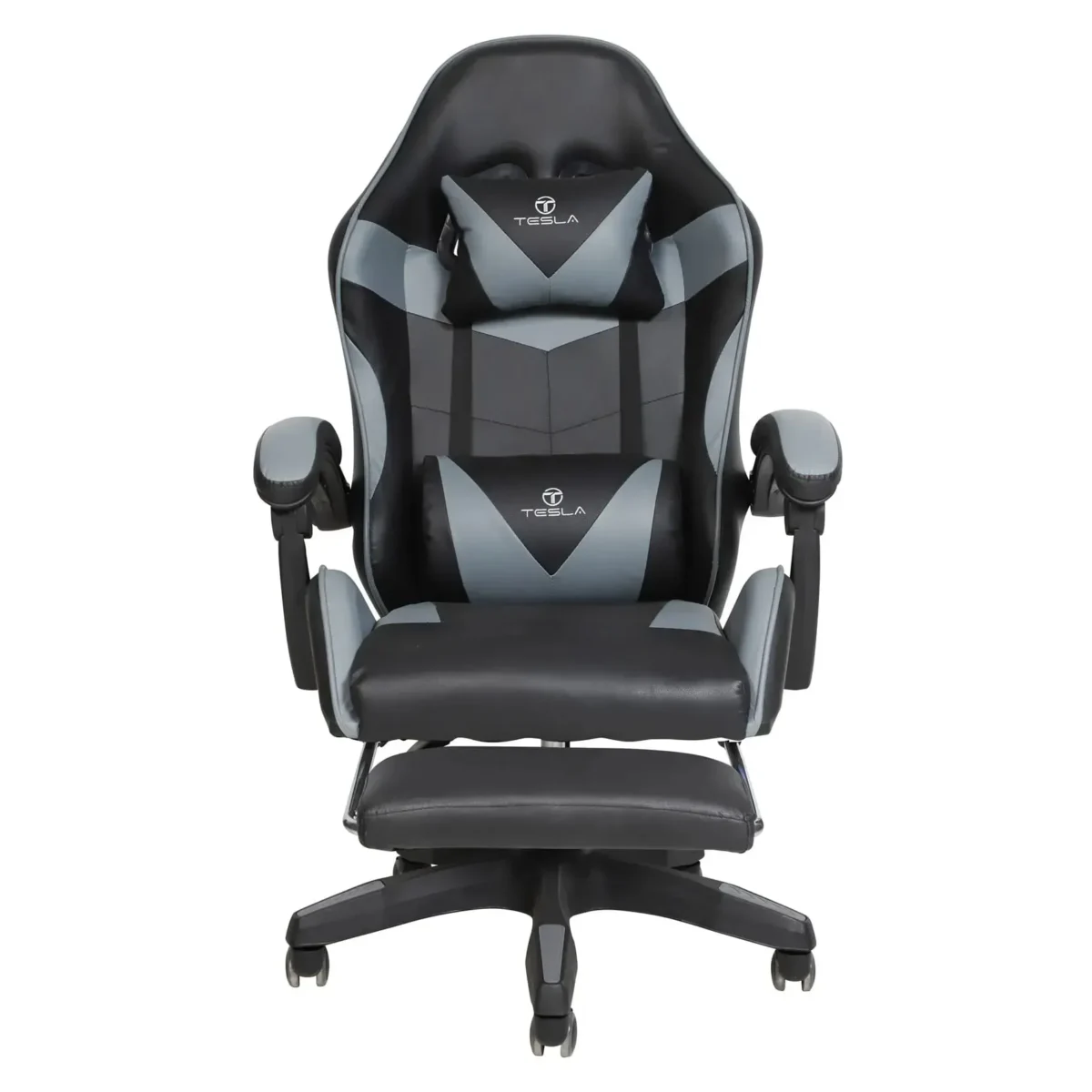 כיסא גיימינג Tesla דגם 7038 בצבע אפור ושחור - מבט קדמי עם כרית תמיכה לצוואר ולגב
