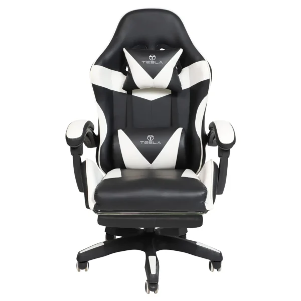 כיסא גיימינג Tesla דגם 7038 בצבע לבן ושחור - מבט קדמי עם כרית תמיכה לצוואר ולגב ומשענות יד