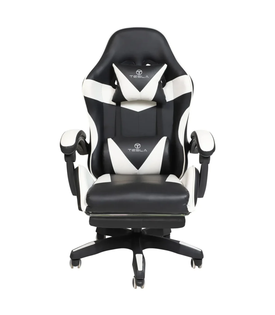 כיסא גיימינג Tesla דגם 7038 בצבע לבן ושחור - מבט קדמי עם כרית תמיכה לצוואר ולגב ומשענות יד