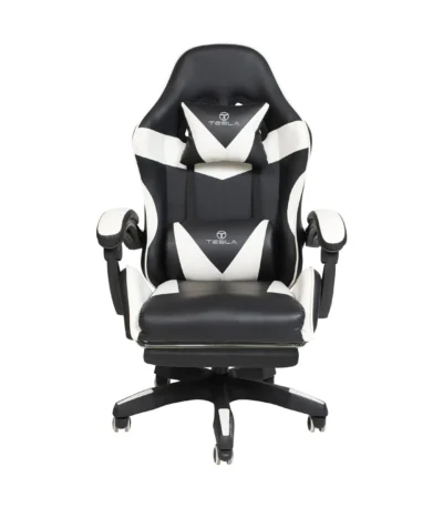 כיסא גיימינג Tesla דגם 7038 בצבע לבן ושחור - מבט קדמי עם כרית תמיכה לצוואר ולגב ומשענות יד