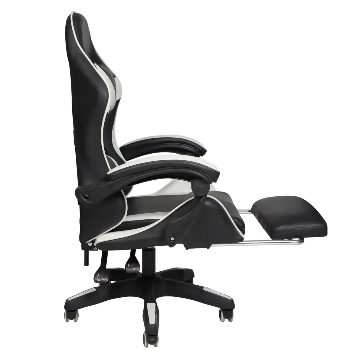 כיסא גיימינג Tesla דגם 7038 בצבע לבן ושחור - מבט צד במצב הטיה עם הדום רגליים נשלף