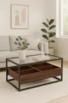 שולחן קפה מלבני עם משטח זכוכית ותאי אחסון בעץ אגוז דגם 5018, בסלון לצד ספה אפורה ותמונת קיר