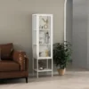 ויטרינת מתכת לבנה עם דלת זכוכית דגם 210, עומדת בסלון לצד ספה מעור חום ומראה קשתית