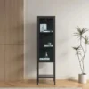 ויטרינת מתכת שחורה עם דלת זכוכית דגם 210, מבט חזיתי ישר, עם מדפי זכוכית ואביזרי נוי