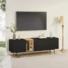 מזנון טלוויזיה בסלון בעיצוב שחור עם קטע מדפים פתוח בגוון עץ אלון במרכז, טלוויזיה מותקנת מעליו על הקיר, לצד עציץ ומנורת רצפה - הדמיית חדר