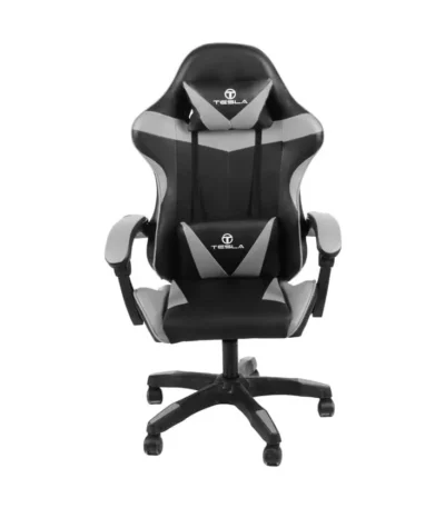 כיסא גיימינג Tesla דגם 7305 בשחור ואפור עם משענת ראש ותמיכת גב ממותגות TESLA, מבט חזיתי