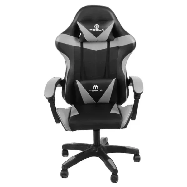 כיסא גיימינג Tesla דגם 7305 בשחור ואפור עם משענת ראש ותמיכת גב ממותגות TESLA, מבט חזיתי
