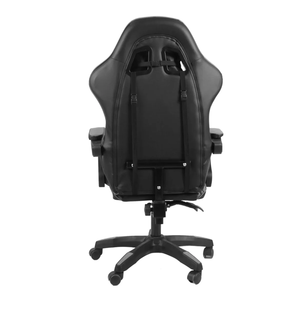 כיסא גיימינג Tesla דגם 7305 בשחור, מבט אחורי המציג את רצועות התמיכה בגב הכיסא